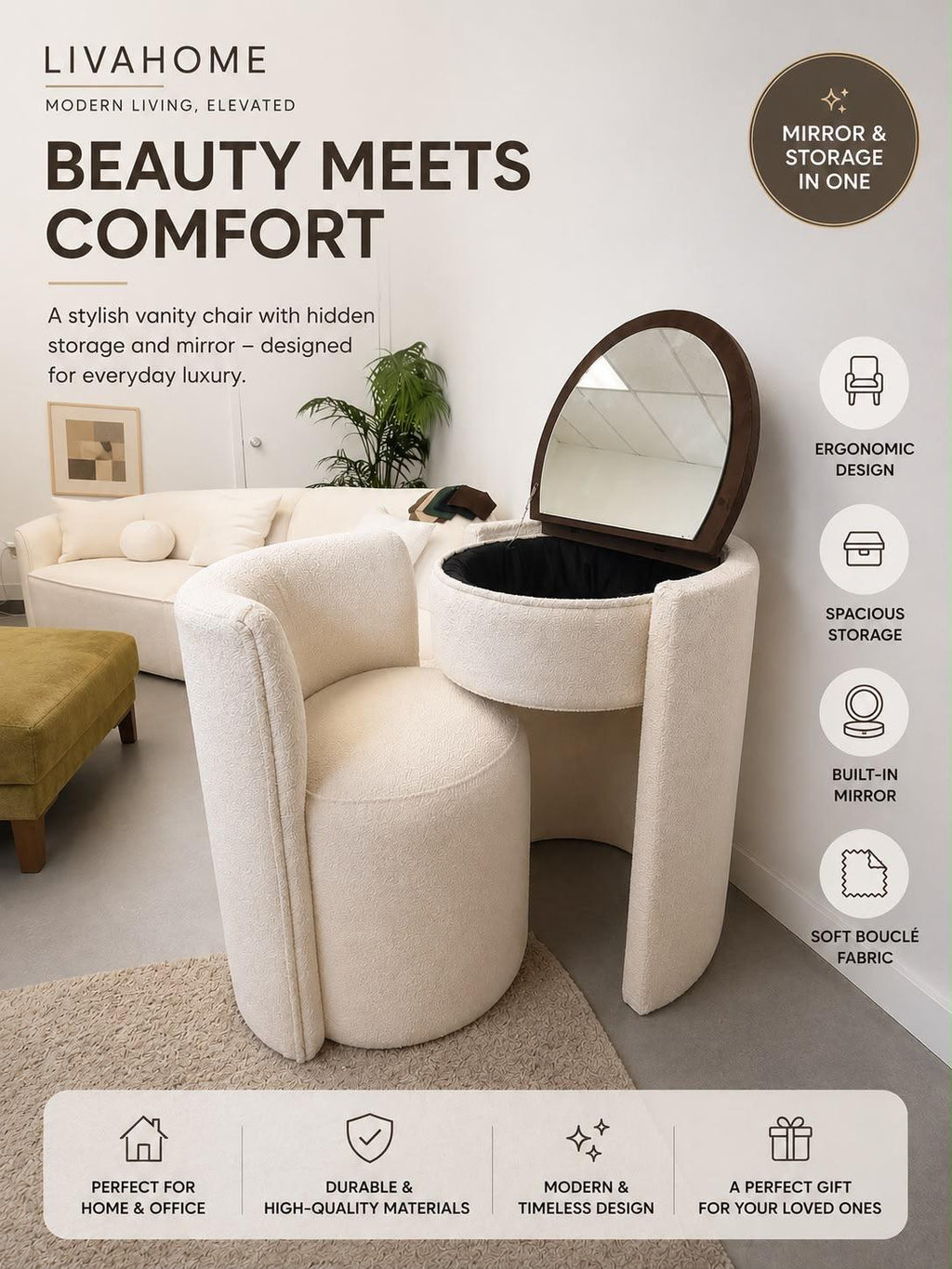 Liva Home Halo Vanity Set w/ Mirror & Stool